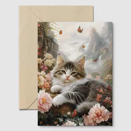 Fluffy Kitten With Peonies and Butterflies