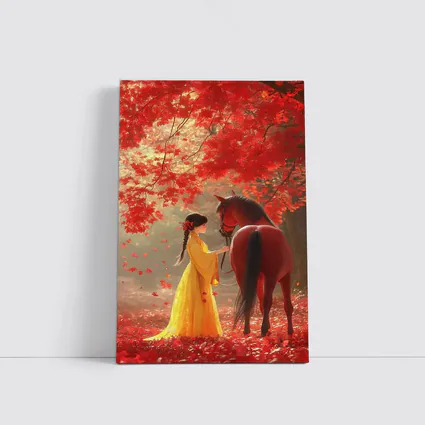 Girl in Yellow Dress with Horse Autumn