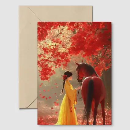 Girl in Yellow Dress with Horse Autumn