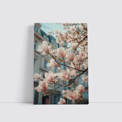 Pink Magnolia Blossoms Against City Buildings