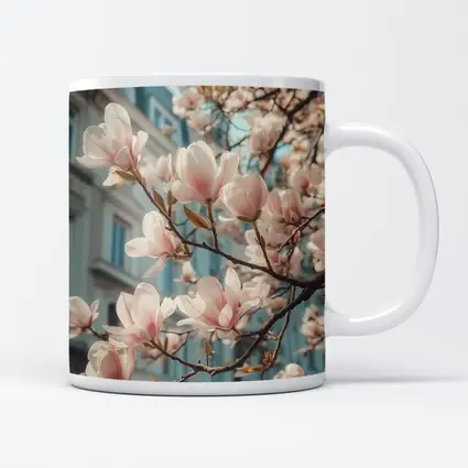 Pink Magnolia Blossoms Against City Buildings