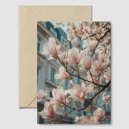 Pink Magnolia Blossoms Against City Buildings