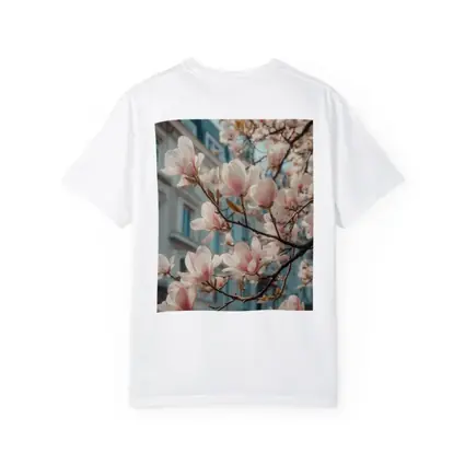 Pink Magnolia Blossoms Against City Buildings