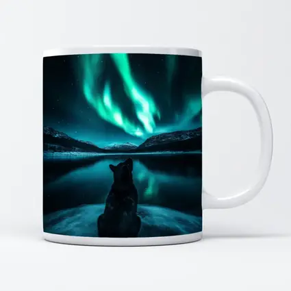 Wolf Watching Northern Lights Over Lake