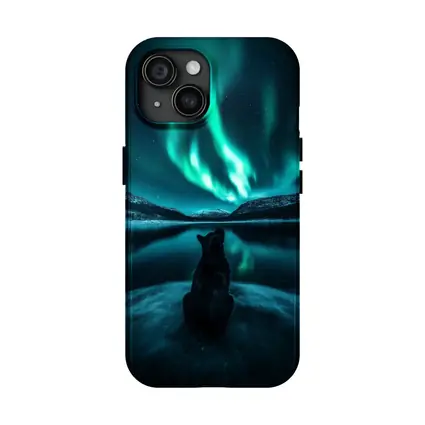Wolf Watching Northern Lights Over Lake