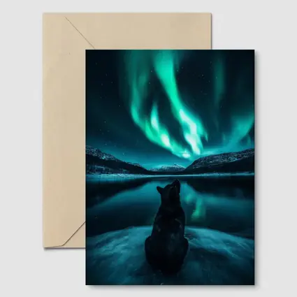 Wolf Watching Northern Lights Over Lake