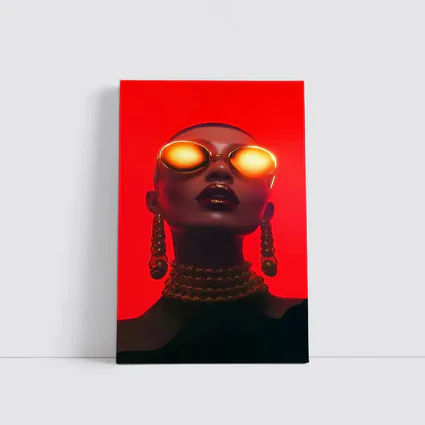 Bald Woman Gold Sunglasses Red Background Fashion