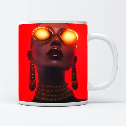 Bald Woman Gold Sunglasses Red Background Fashion