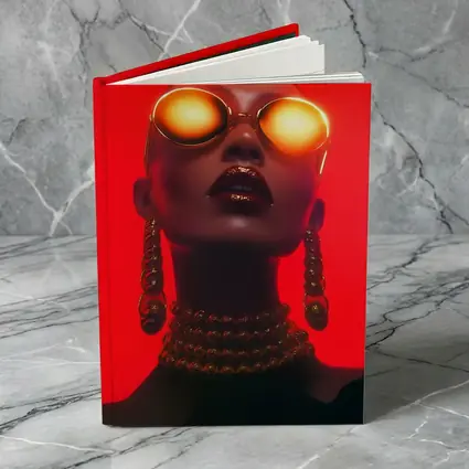 Bald Woman Gold Sunglasses Red Background Fashion