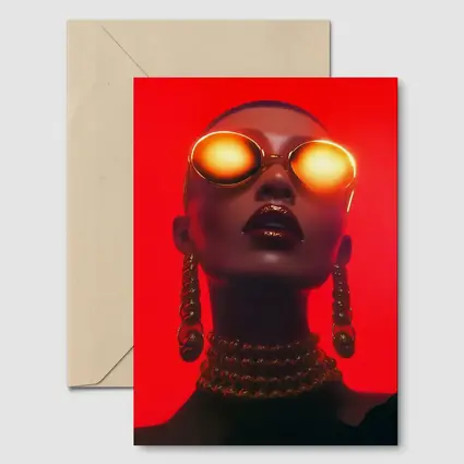 Bald Woman Gold Sunglasses Red Background Fashion