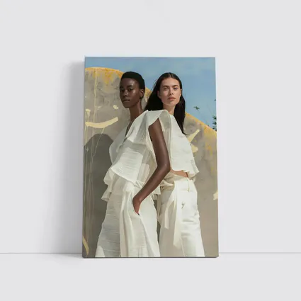 Two Women White Outfits Outdoor Fashion