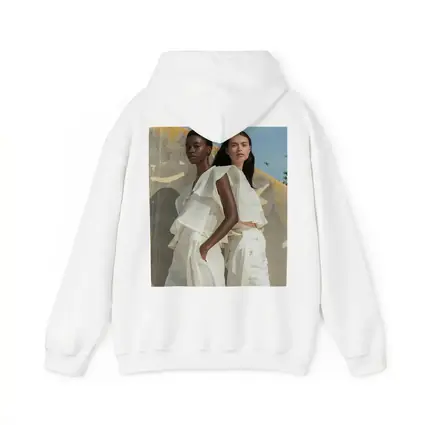 Two Women White Outfits Outdoor Fashion