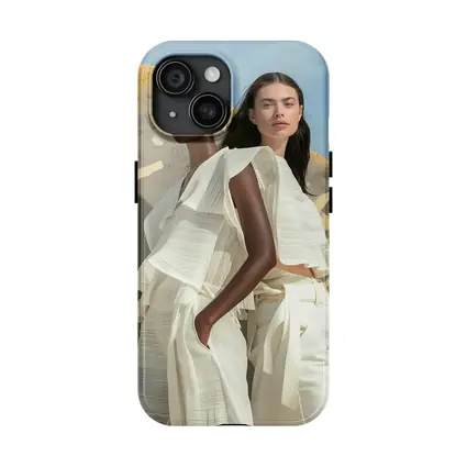 Two Women White Outfits Outdoor Fashion