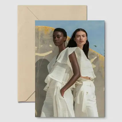 Two Women White Outfits Outdoor Fashion
