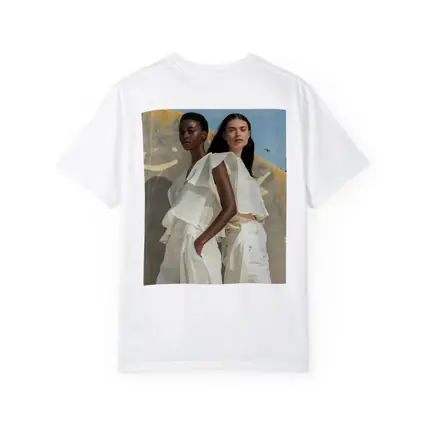 Two Women White Outfits Outdoor Fashion