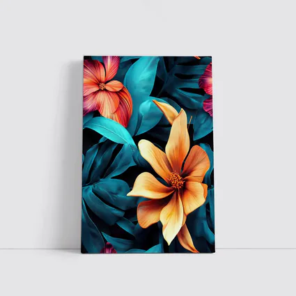 Tropical Flowers Orange Blooms Teal Leaves