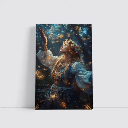 Mystical Woman with Zodiac Symbols Forest