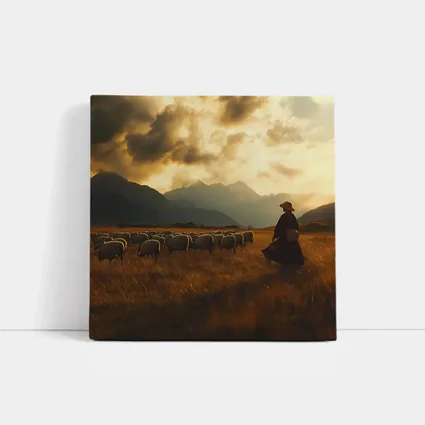 Shepherd With Flock Golden Mountain Sunset