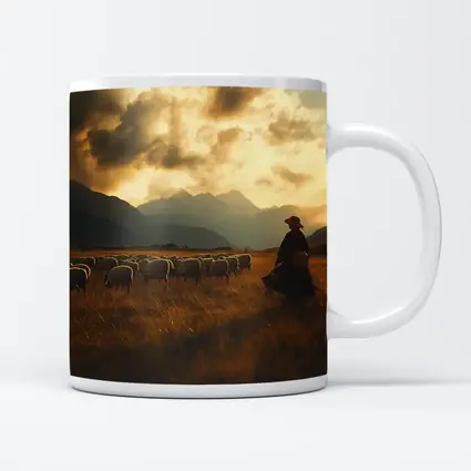 Shepherd With Flock Golden Mountain Sunset