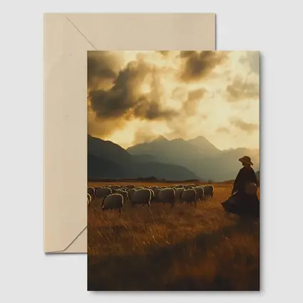 Shepherd With Flock Golden Mountain Sunset
