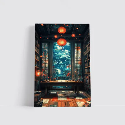 Chinese Library Room Red Lanterns Fantasy Art