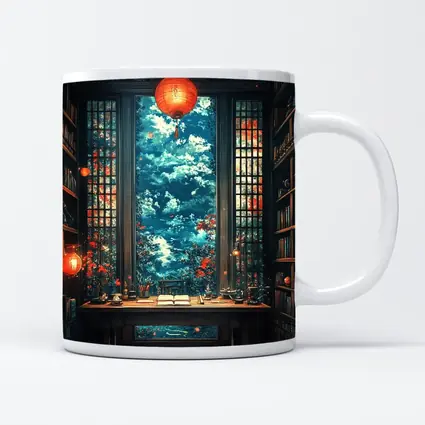 Chinese Library Room Red Lanterns Fantasy Art