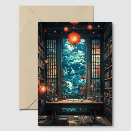 Chinese Library Room Red Lanterns Fantasy Art