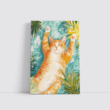Happy Orange Cat Tropical Leaves Background