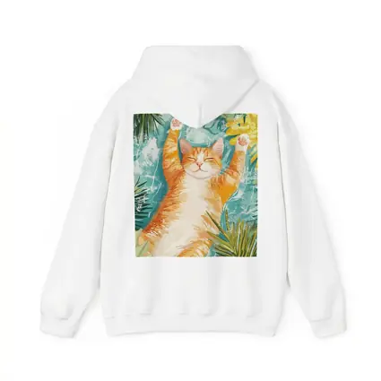 Happy Orange Cat Tropical Leaves Background