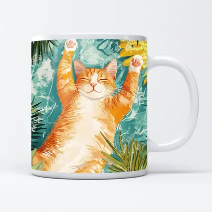 Happy Orange Cat Tropical Leaves Background