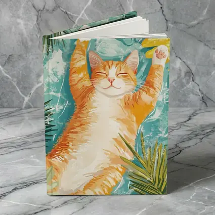 Happy Orange Cat Tropical Leaves Background
