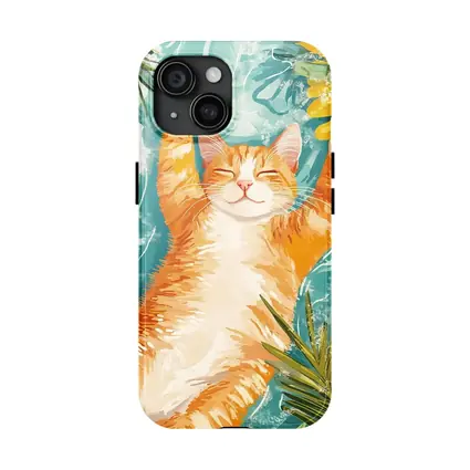 Happy Orange Cat Tropical Leaves Background