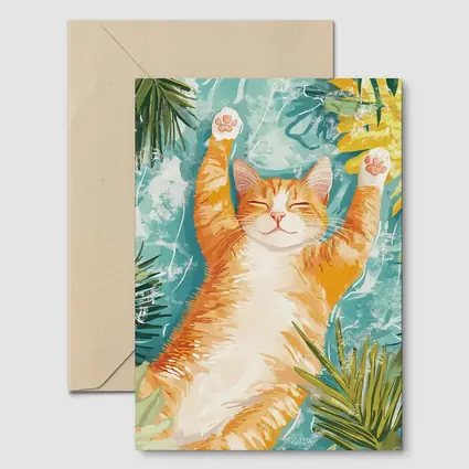 Happy Orange Cat Tropical Leaves Background