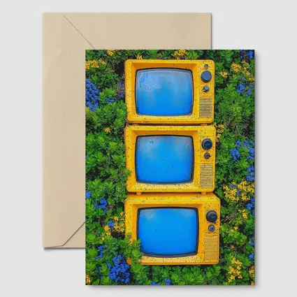 Yellow Retro TVs Stacked Among Wildflowers