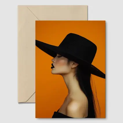 Woman Black Hat Orange Background Fashion Portrait
