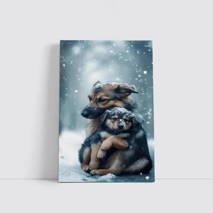 German Shepherd Hugging Puppy In Snow
