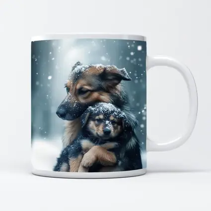 German Shepherd Hugging Puppy In Snow