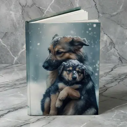 German Shepherd Hugging Puppy In Snow