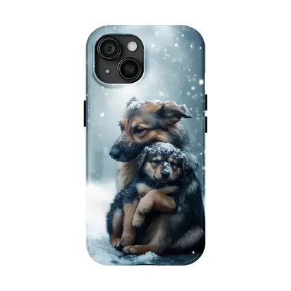 German Shepherd Hugging Puppy In Snow