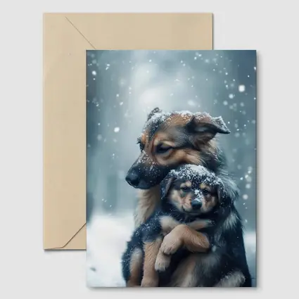 German Shepherd Hugging Puppy In Snow