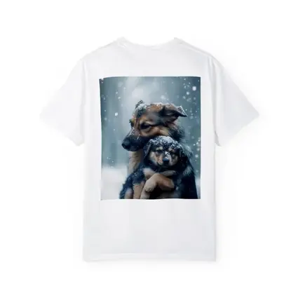 German Shepherd Hugging Puppy In Snow