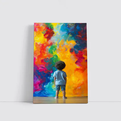 Child Standing Before Colorful Abstract Painting
