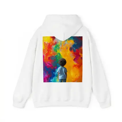Child Standing Before Colorful Abstract Painting