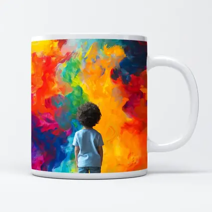 Child Standing Before Colorful Abstract Painting
