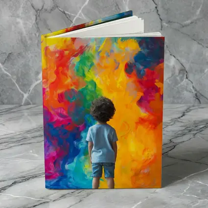 Child Standing Before Colorful Abstract Painting