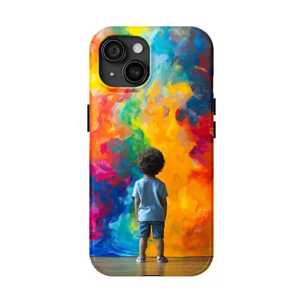 Child Standing Before Colorful Abstract Painting