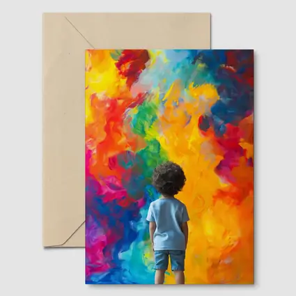 Child Standing Before Colorful Abstract Painting
