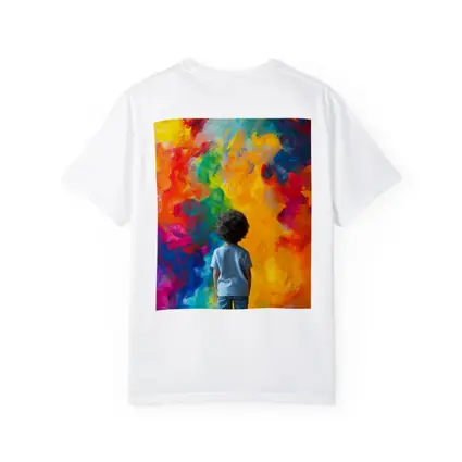 Child Standing Before Colorful Abstract Painting