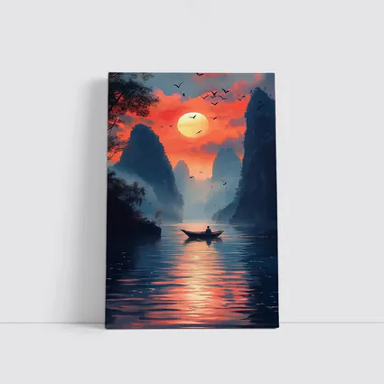 Lone Boat Sunset Karst Mountains River Art
