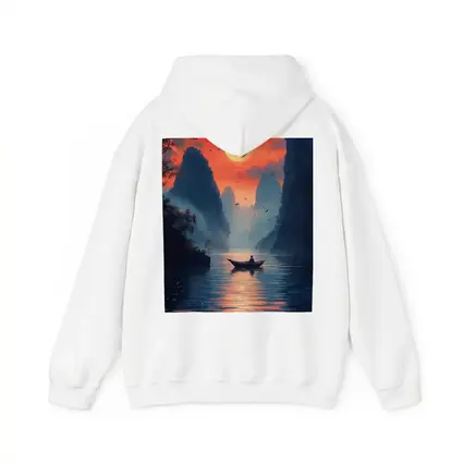 Lone Boat Sunset Karst Mountains River Art